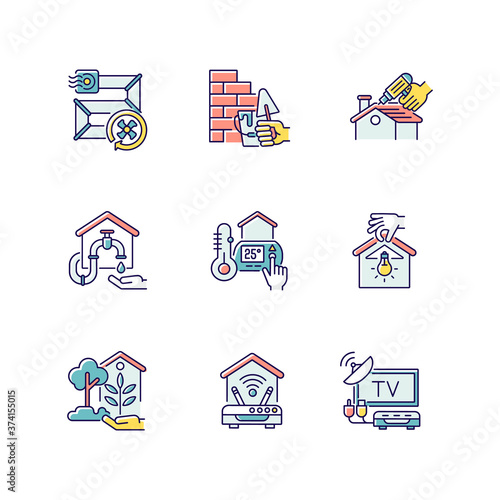 House improvements RGB color icons set. Ventilation pipes. Wall building. Thermostat. Home maintenance and improvement. TV tuner and Internet connection setting. Isolated vector illustrations