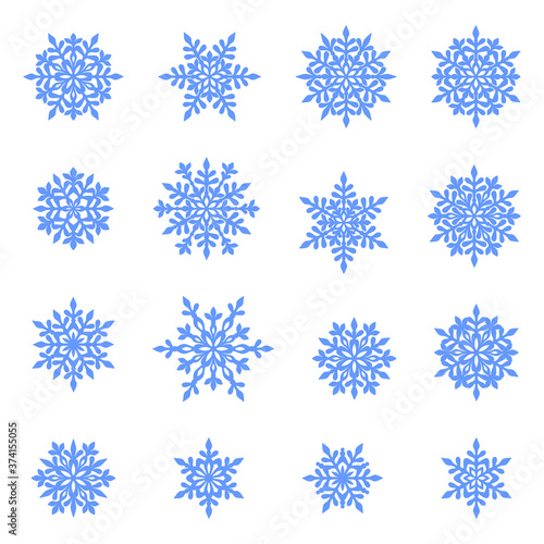 Set of blue openwork snowflakes on a white background. Vector silhouette, design template for holiday greeting card, poster, banner, laser and plotter cutting. Christmas design and festive decoration