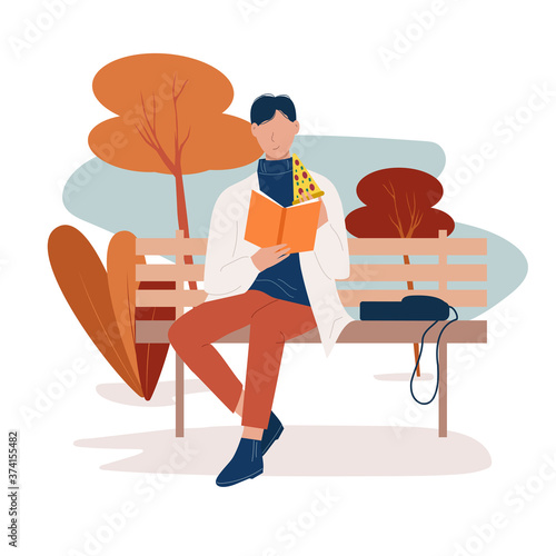 Literature fan. Stylish young man sits on a park bench, reads a book and eats pizza. Exam preparation, study or lunch break. Isolated vector illustration