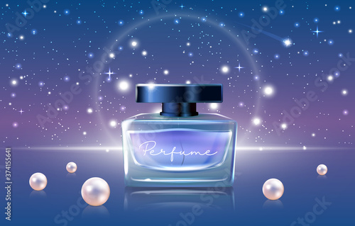 Blue perfume cosmetics vector illustration. 3d luxury realistic perfume ads design promo background with glass jar bottle mockup, night sky or open space, glittering bokeh star elements and pearls