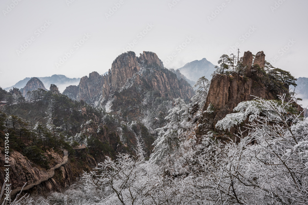 Winter scenery, the beautiful mountains of Huangshan, China.