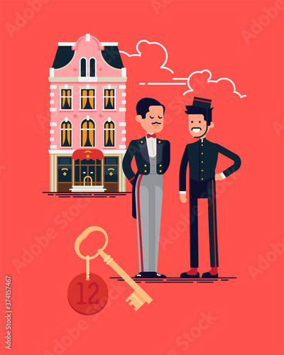 Cool vector flat design on hotel staff members in classic uniforms, hotel building facade and room key. Concierge and porter standing in front of hotel facade