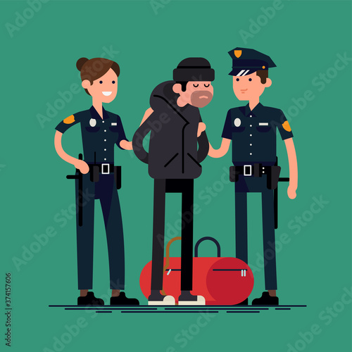 Cops holding arrested criminal. Cool flat vector character design on policemen holding a caught suspect with evidence. Cuffed burglar with stolen bag being seized