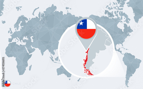 Pacific Centered World map with magnified Chile. Flag and map of Chile.