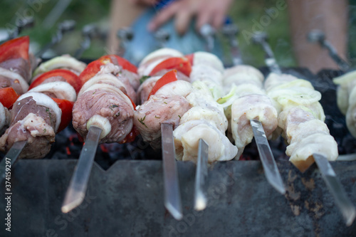skewers on skewers, fried meat, outdoor recreation