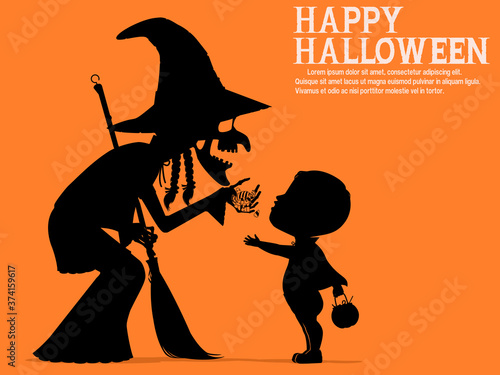 An old witch is giving a little boy some candy in the Halloween night