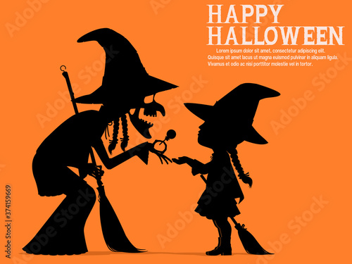 An old witch is giving a little witch some candy in the Halloween night