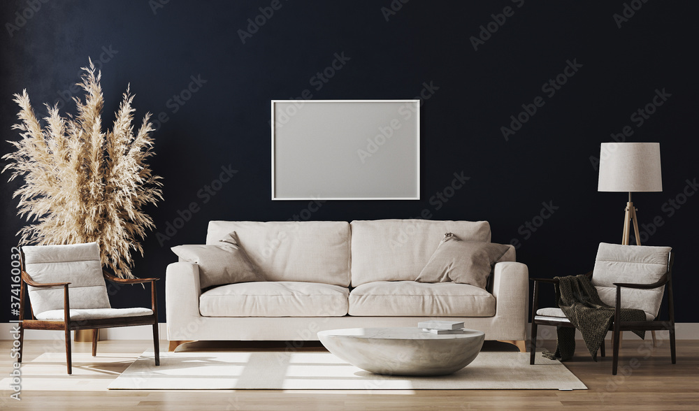 Fototapeta premium Blank picture frame mock up in dark blue room interior , 3d rendering