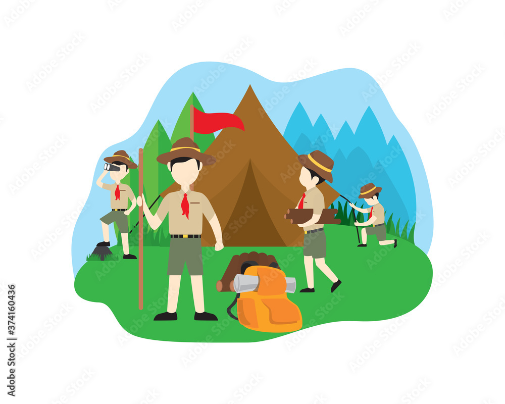 Naklejka premium Boy Scouts Building Tent Collecting Firewood and Watching Around Illustration