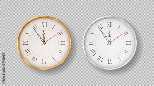 Realistic wall clocks isolated on checkered background. Vector illustration with realistic golden and silver wall clocks.