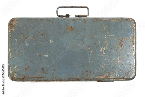 Old gray metal box isolated on white background.