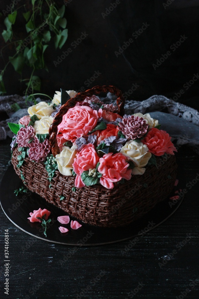 Beautiful cake basket with cream flowers macro Beautiful cake basket with cream flowers macro