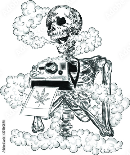skeleton Smoking marijuana and camera print vector illustration
