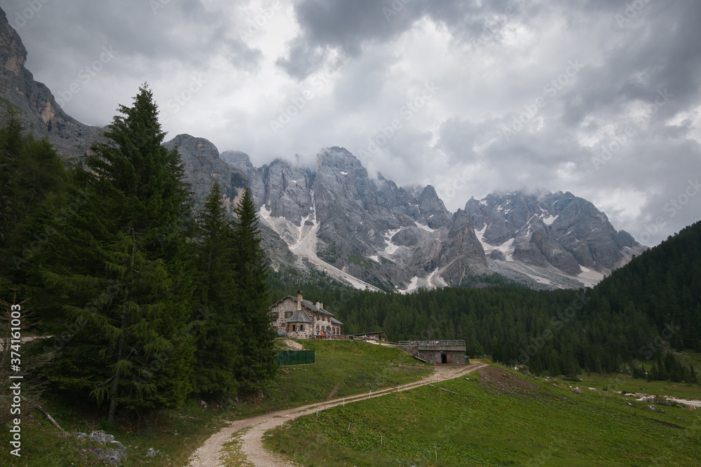Summer view of Pale di San Martino in the Trentino dolomites, Italy