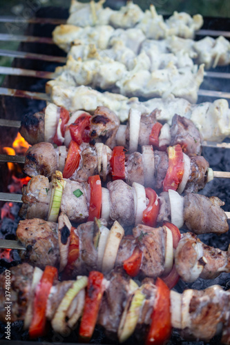 skewers on skewers, fried meat, outdoor recreation