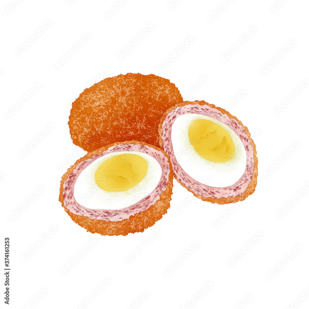 Watercolor Illustration of a Snack Food Scotch Egg. British cuisine in which poached eggs are mixed with ground meat such as pork or beef and then spread with bread flour to form a ball shape and deep Watercolor Illustration of a Snack Food Scotch Egg. British cuisine in which poached eggs are mixed with ground meat such as pork or beef and then spread with bread flour to form a ball shape and deep