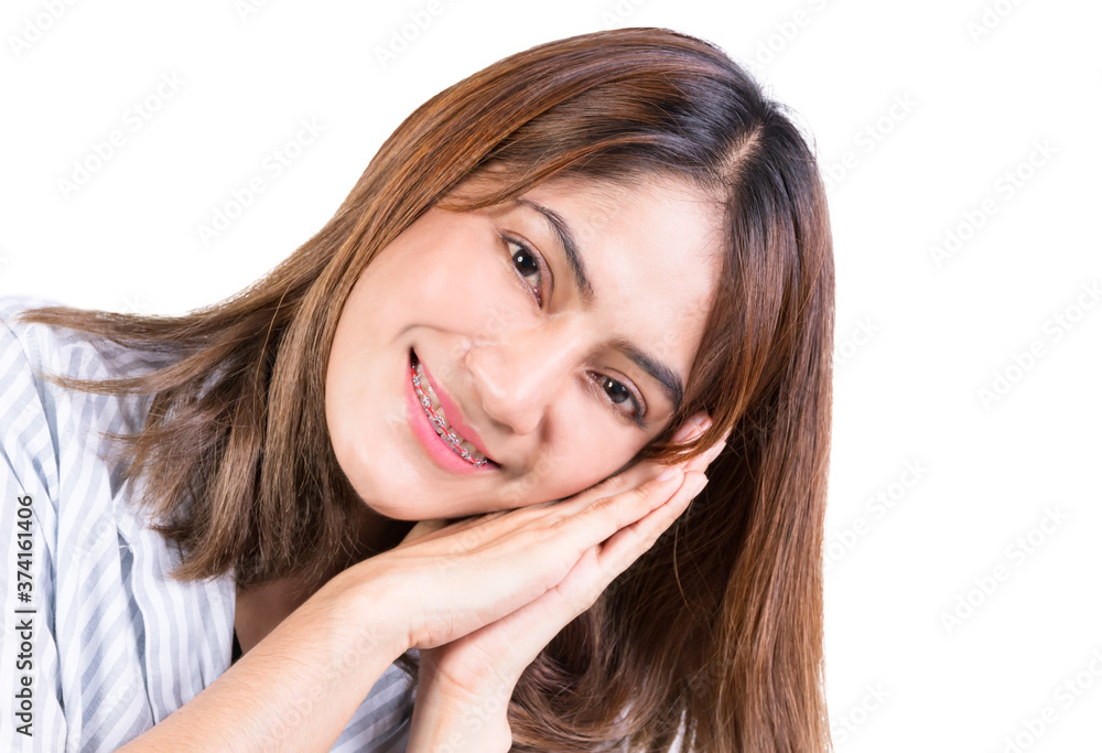 woman show sleeping on her hand with white background. close up portrait woman show sleeping on her hand with white background. close up portrait