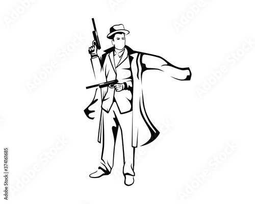 a Mafia Man's Holding Guns Illustration with Silhouette Style