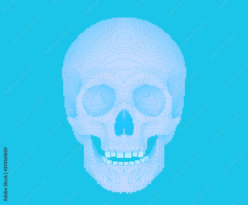 Obraz premium pixelated or blocky skull on blue bakground, 3d render