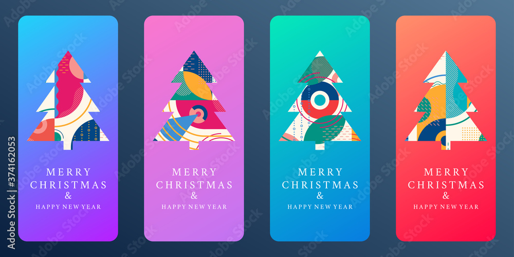 Christmas trees with abstract geometric background for social media post or stories. Modern Xmas tree set for greeting card and holiday banner design. Vector illustration. Christmas trees with abstract geometric background for social media post or stories. Modern Xmas tree set for greeting card and holiday banner design. Vector illustration.