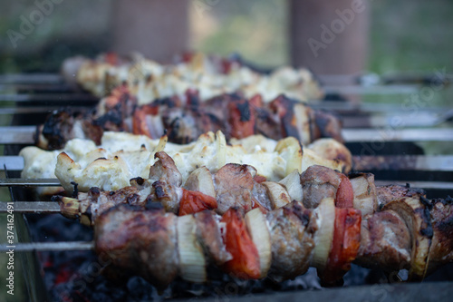 skewers on skewers, fried meat, outdoor recreation