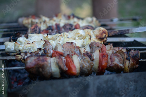 skewers on skewers, fried meat, outdoor recreation