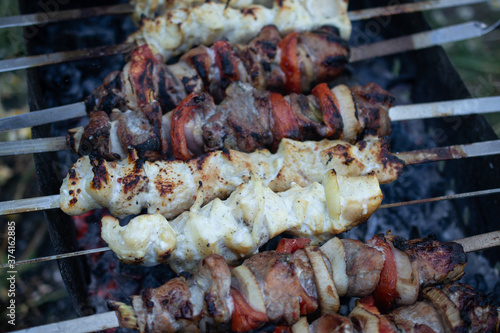 skewers on skewers, fried meat, outdoor recreation