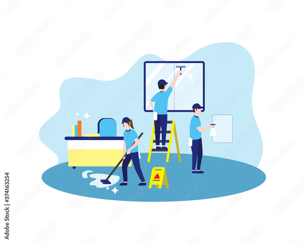 Office Cleaning Service Mopping Floor and Cleaning Window Illustration Office Cleaning Service Mopping Floor and Cleaning Window Illustration