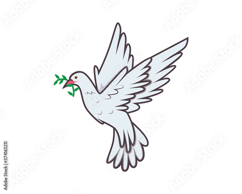 Flying Dove Carrying Green Twig Olive as Peace Symbolization