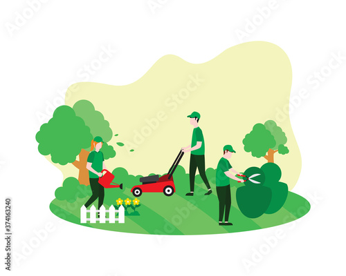 Gardeners Working Together Watering Flowers Cutting Leaves and Mowing the Lawn Illustration