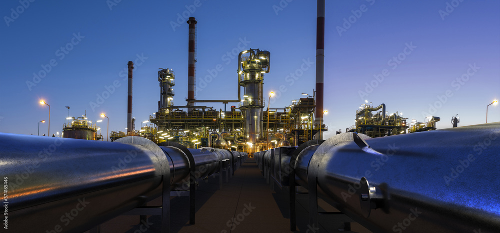 Pipelines leading to an oil refinery - obrazy, fototapety, plakaty 