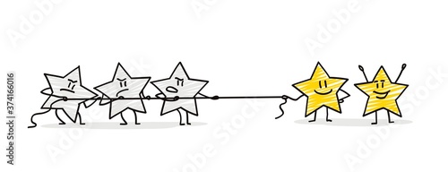 Doodle stick figures: five funny stars tug of war.
