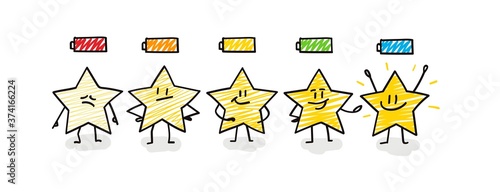 Doodle stick figures: five funny stars with batteries.