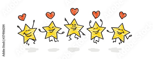 Doodle stick figures: five funny stars with hearts.