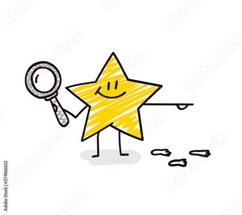 Doodle stick figures: funny star with magnifying glass points to the side.