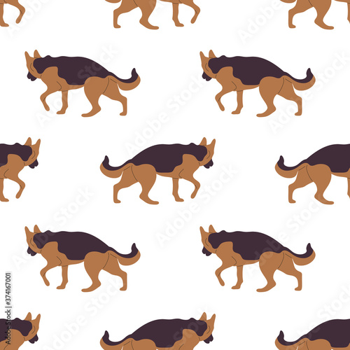 Repeat seamless pattern with flat style german shepherd dogs on white background. Stock vector