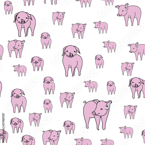 Piggies Seamless pattern with pigs repeated on white background. Vector illustration. surface design