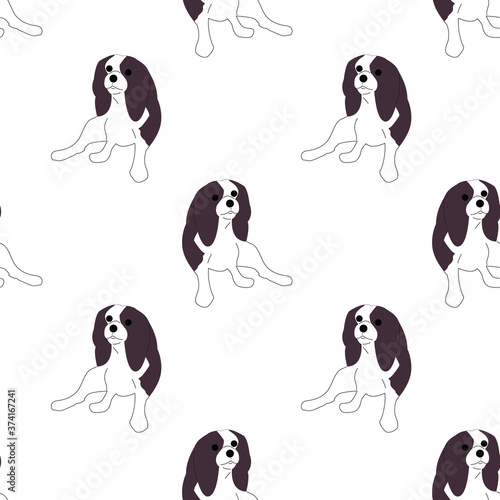 Repeat seamless pattern with flat style cute charles king cavalier spaniel dogs on white background. Stock vector