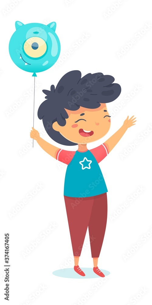 Happy kid jumping with joy with air balloon. Cute child having fun and smiling on birthday party. Entertainment and amusement leisure vector illustration. Summer holidays time Happy kid jumping with joy with air balloon. Cute child having fun and smiling on birthday party. Entertainment and amusement leisure vector illustration. Summer holidays time