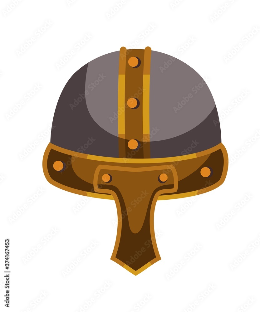 Fototapeta premium Viking warrior norse helmet. Ancient circle hat with shield for scandinavian or medieval gladiators or knights, nordic soldiers. War armor for battles vector illustration