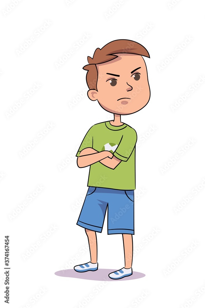 Angry boy crossed his arms over chest, argues and refuses. Child isolated on white background. Vector character illustration of children gestures, emotions, types of moods.