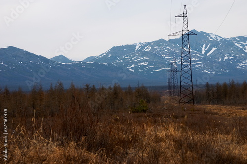 power lines and mountains in spring Magadan & region © Andrew