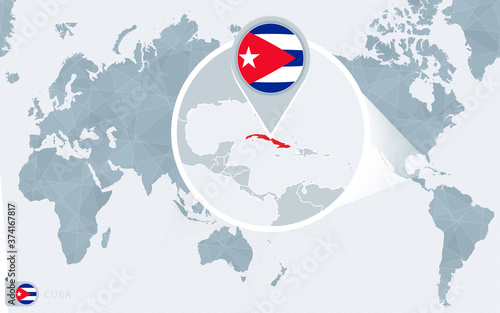 Pacific Centered World map with magnified Cuba. Flag and map of Cuba.