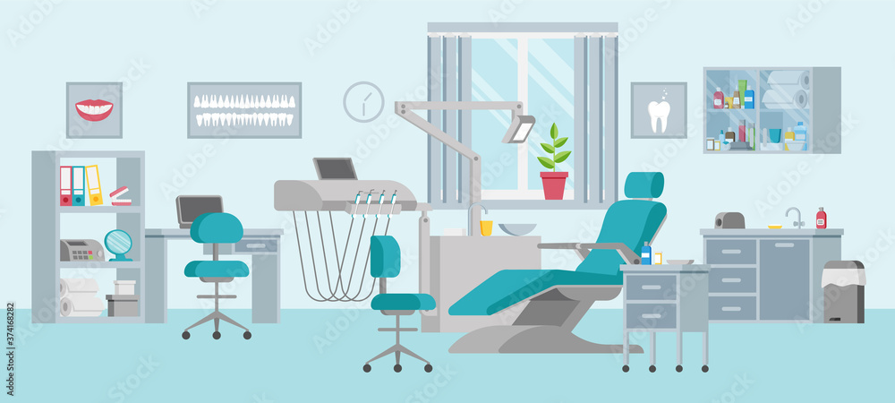 Concept of a dental unit with an adjustable chair, lamp, shelf, sink and window. Medical office in a flat style. Modern interior and equipment in the clinic. Posters on the walls. Vector illustration. Concept of a dental unit with an adjustable chair, lamp, shelf, sink and window. Medical office in a flat style. Modern interior and equipment in the clinic. Posters on the walls. Vector illustration.