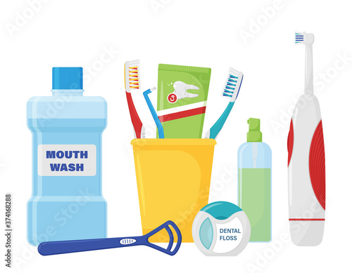 Composition of items for cleaning teeth and oral care. Toothbrushing. Dental accessories for oral hygiene. Healthy lifestyle. Vector illustration in flat style.Isolated on a white background.