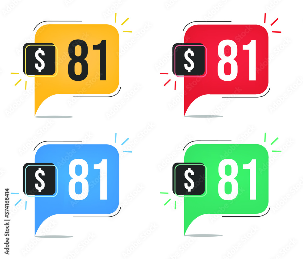 81 dollar price. Yellow, red, blue and green currency tags with speech balloon concept vector. 81 dollar price. Yellow, red, blue and green currency tags with speech balloon concept vector.