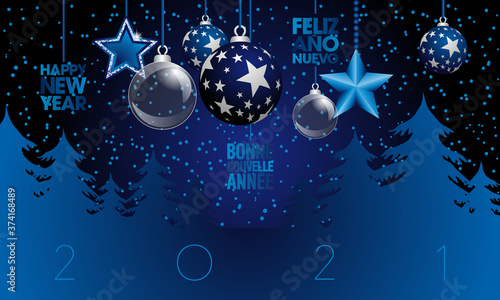 2021- carte de vœux hivernal dans les nuances de bleu décorée de boules de Noël, d’étoiles et de sapins - texte  français, anglais, espagnol - traduction : bonne nouvelle année.