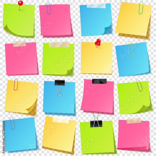 Realistic colorful blank sticky notes with clip binder. Colored sheets of note papers. Paper reminder. Vector illustration.