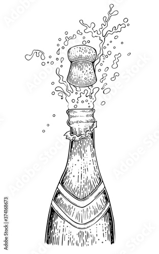 Opening champagne bottle. Hand drawn vector, engraving style
