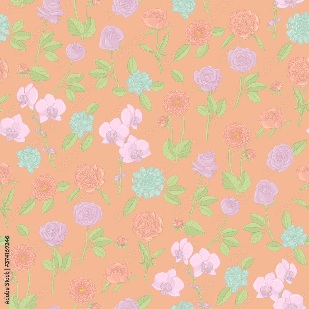 Colorful floral seamless pattern with hand drawn flowers on pink background. Stock vector